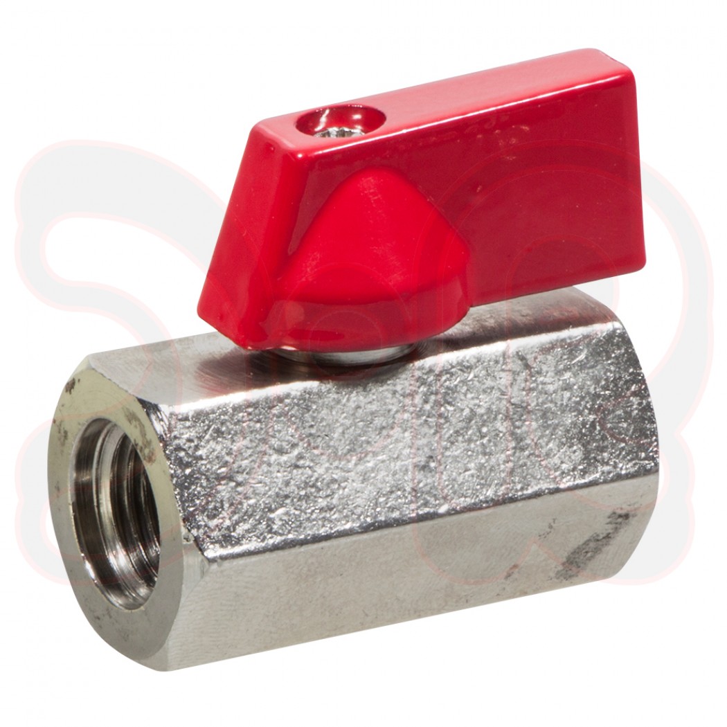 Mini - Kugelhahn Messing 1/4"i x 1/4"i mit Drehgriff für technische Gase, Griff rot