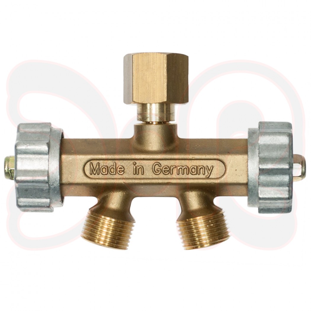 Doppelabzweigventil Arg/CO² Eing. 1/4" rechts innen, Ausg. 2x 1/4" rechts aussen Kennfarbe schwarz