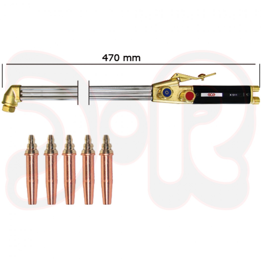 Handschneidbrenner Rhöna X511 Kopfwinkel 90° Brennerlänge 470mm, inkl. 5 Acetylen-Schneiddüsen