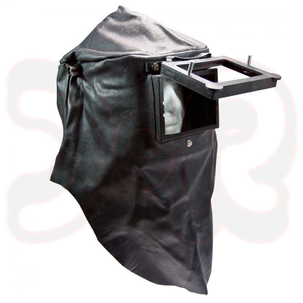 Lederhaube mit Kunststoff-Klapprahmen Gr. 90x110mm mit verstellbarem Kopfband, hinten geschlossen