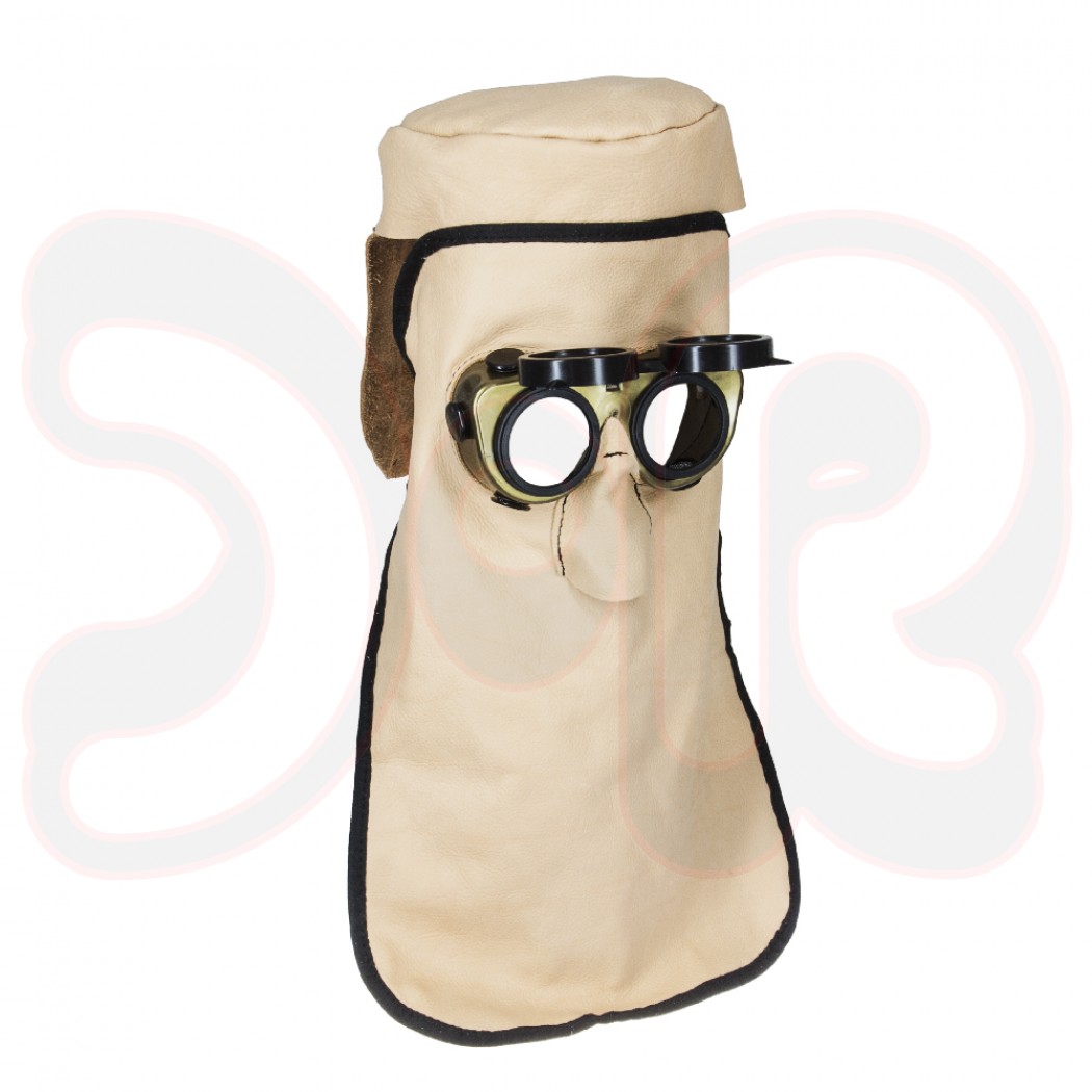 Ledermaske aus Rindnarbenleder mit AMIG-Kunststoff-Klappbrille o. Glas, / 45 cm lang mit Kopfhaube