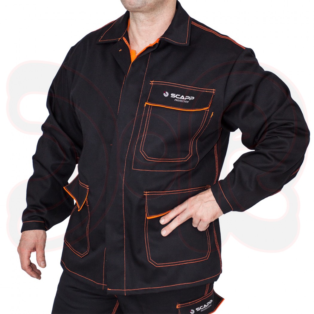 SCAPP Protection Schweißerschutzjacke - schwarz mit orangen Nähten - 340g Proban Qualität - Gr. 58