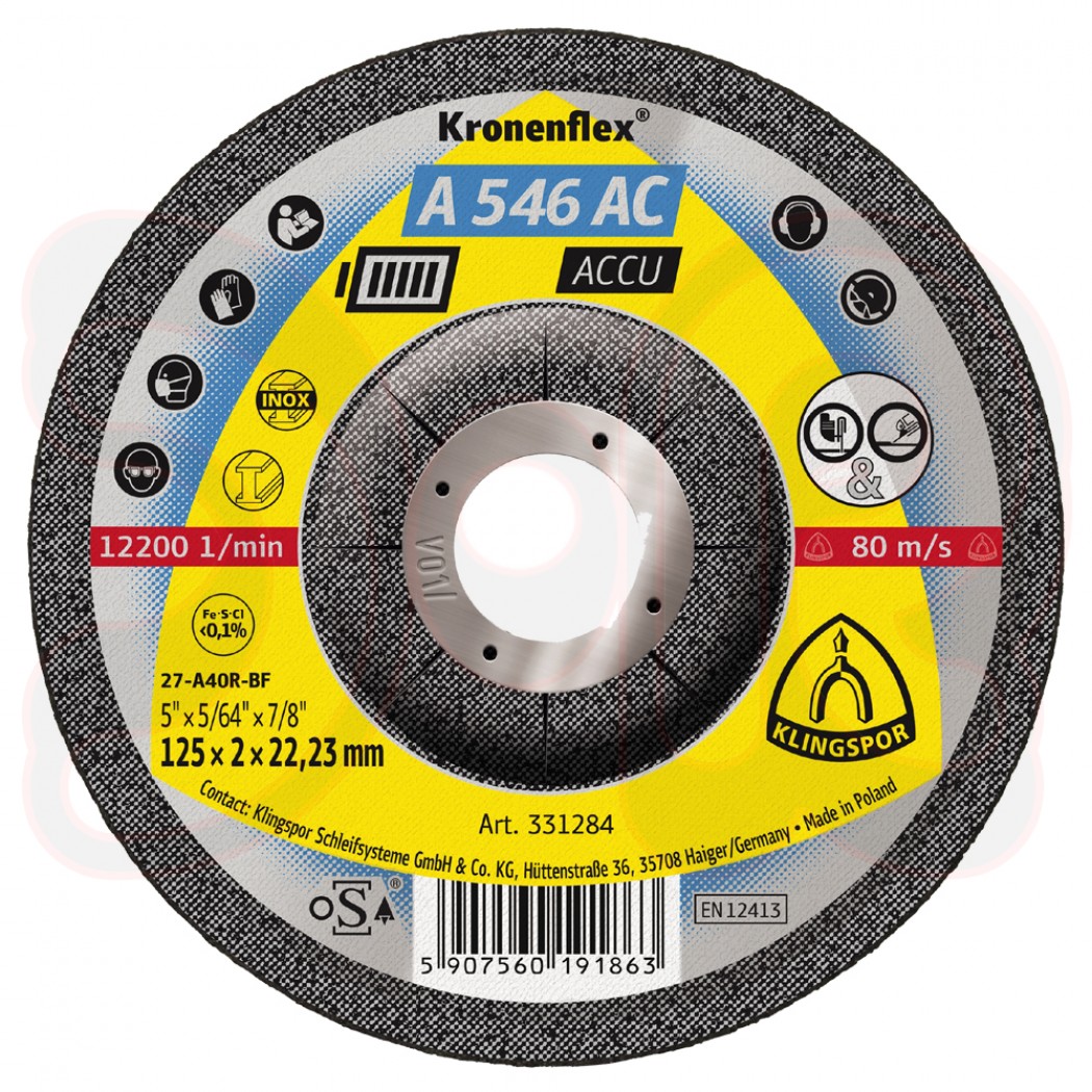 KLINGSPOR A 546 AC ACCU Schruppscheiben, 125 x 2 x 22,23 mm, gekröpft